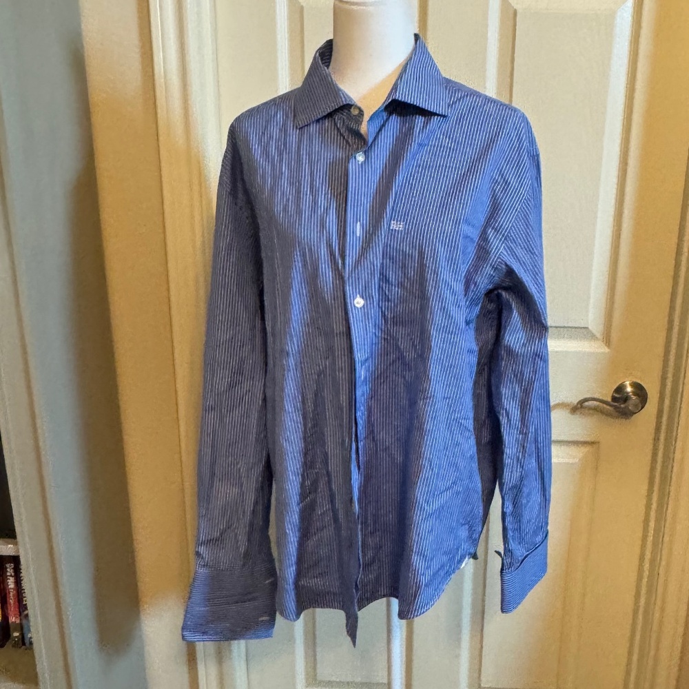 Men's Pedro Del Hierro Long Sleeve Dress Shirt SZ XL Blue Stripe 100% Cotton